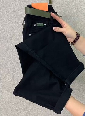 速发大码款仔裤202年春装新材宽松梨型身牛穿搭黑色弹力哈伦裤