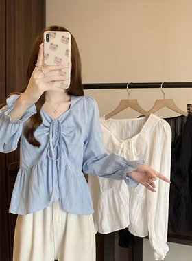 速发大码蓝色0袖2长装新款2遮肉上衣设计感小众