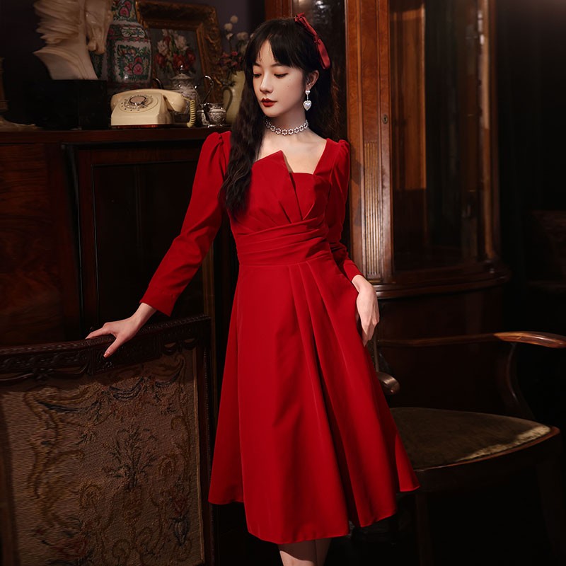 速发敬酒服门娘2021新款订婚回新连裙衣平时可穿结婚丝绒红色礼服
