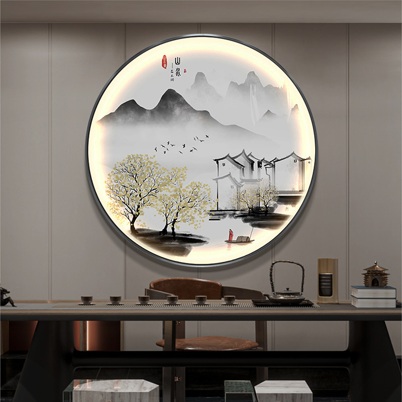 速发画中式玄关饰形装圆新带灯发光山水画禅意壁画茶室背景墙挂画