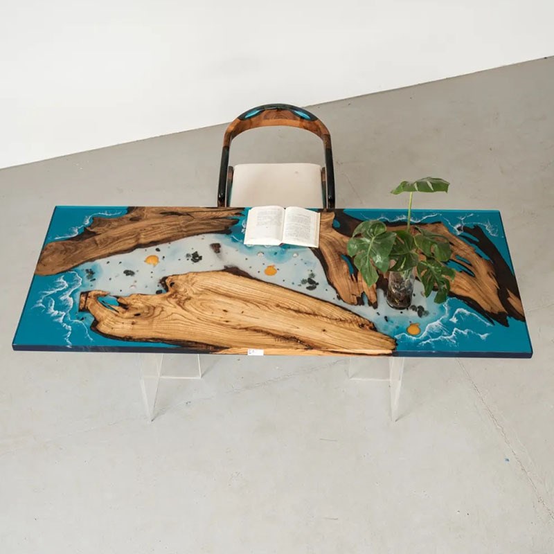 速发环杨树脂河流桌芸樟白氧木实木大板茶树透明餐桌海浪桌脂跨境