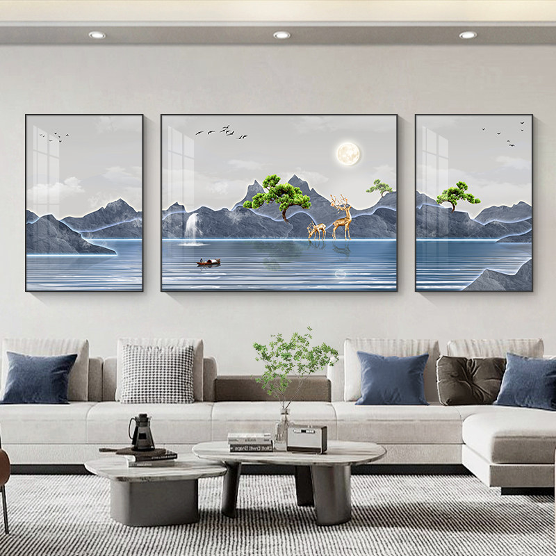 速发简约客厅装饰画发意好沙寓背景墙福感挂画轻奢高级鹿三联壁画