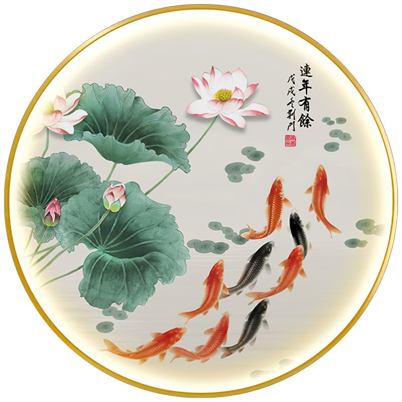 现货速发荷花九鱼图发光玄关装饰画新中式圆形走廊轻奢灯光画壁画图片