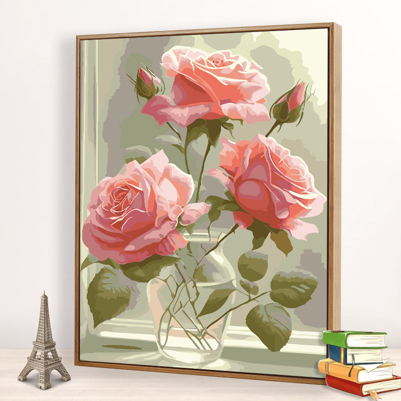 速发玫手花开数字油画植物花卉瑰绘填充画画丙烯饰色解压装填挂画