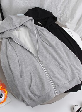 速发开衫卫衣灰色休闲宽松2021春秋新款韩版冬绒加季连帽外套潮