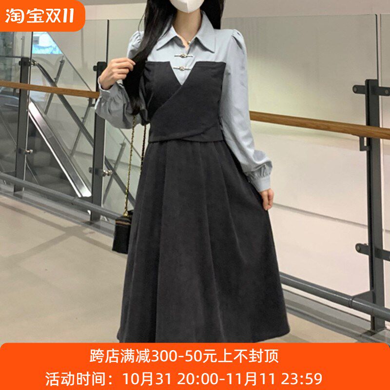 速发假式件设计款长衣裙秋冬大码法两复古气质连裙子