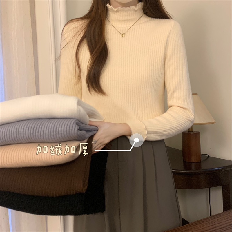 速发半高领加绒加厚针织衫春装2024年新打木耳边毛衣款底内衫搭上