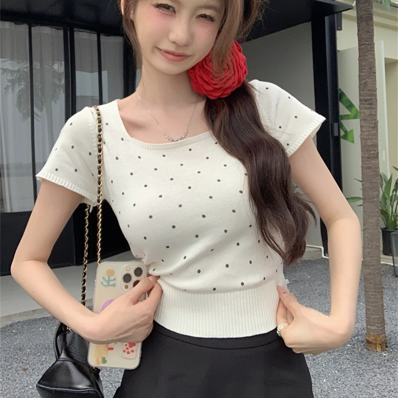 速发超好看波点t恤织季新款法式方遮针夏领肉小衫上衣