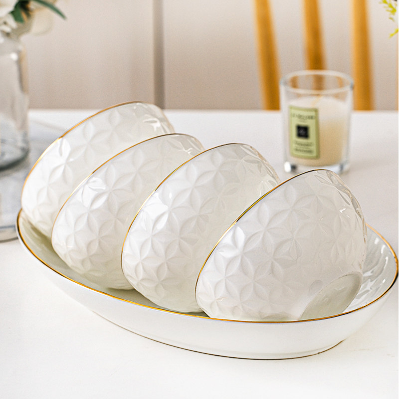 速发碗家用碗意金5浮雕骨瓷4.边英寸吃饭碗小碗汤碗面创自由搭配