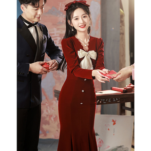 速发酒衣色鱼酒服新娘法式 小个子 敬尾订婚礼服连红裙缎面回门便装