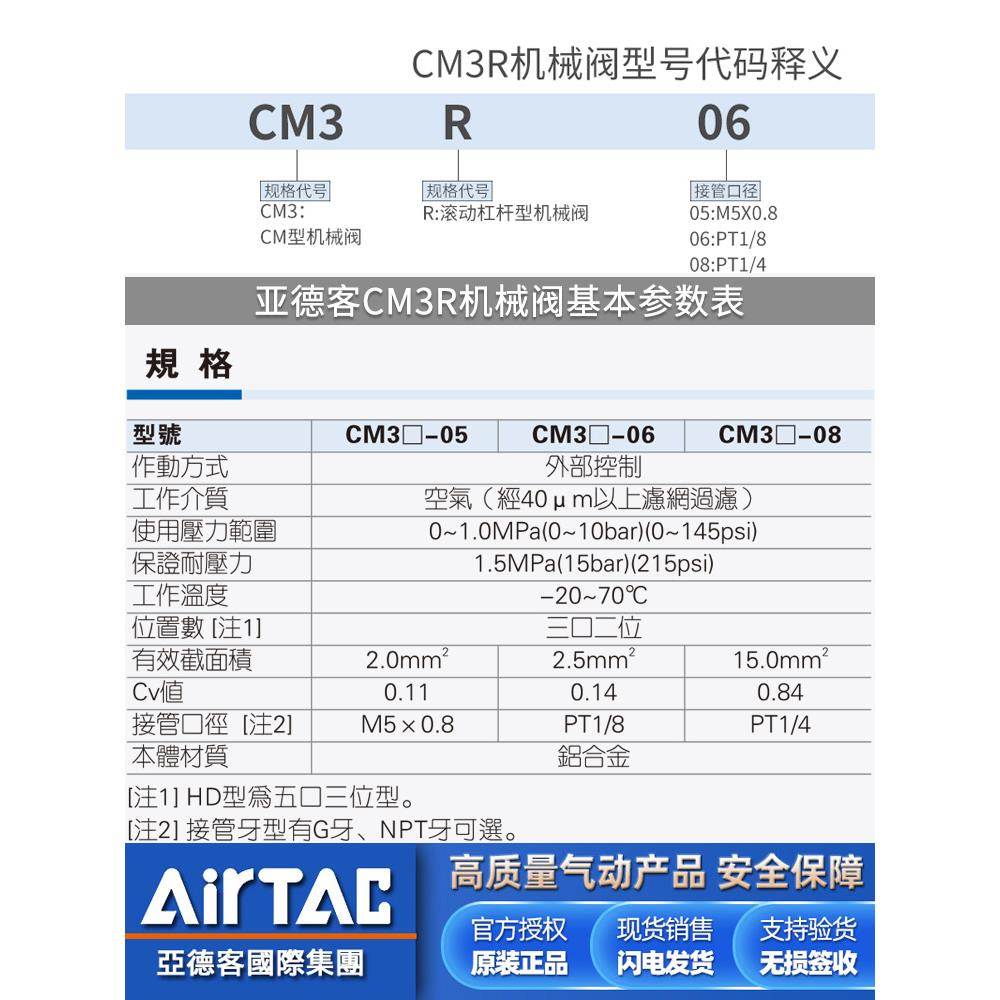 亚德客正品滚轮杠杆型机械阀CM3R-06-05-08控制阀二位三通气阀