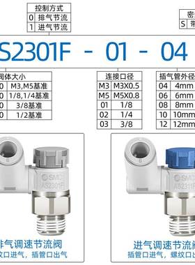 SMC气动调速阀AS1301F-M5-04A/06A气缸节流阀AS2301F-01-06SA接头