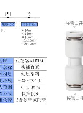 原装亚德客气动直通变径减径PG/PU12-10-8-6-4mm气管快速灰色接头