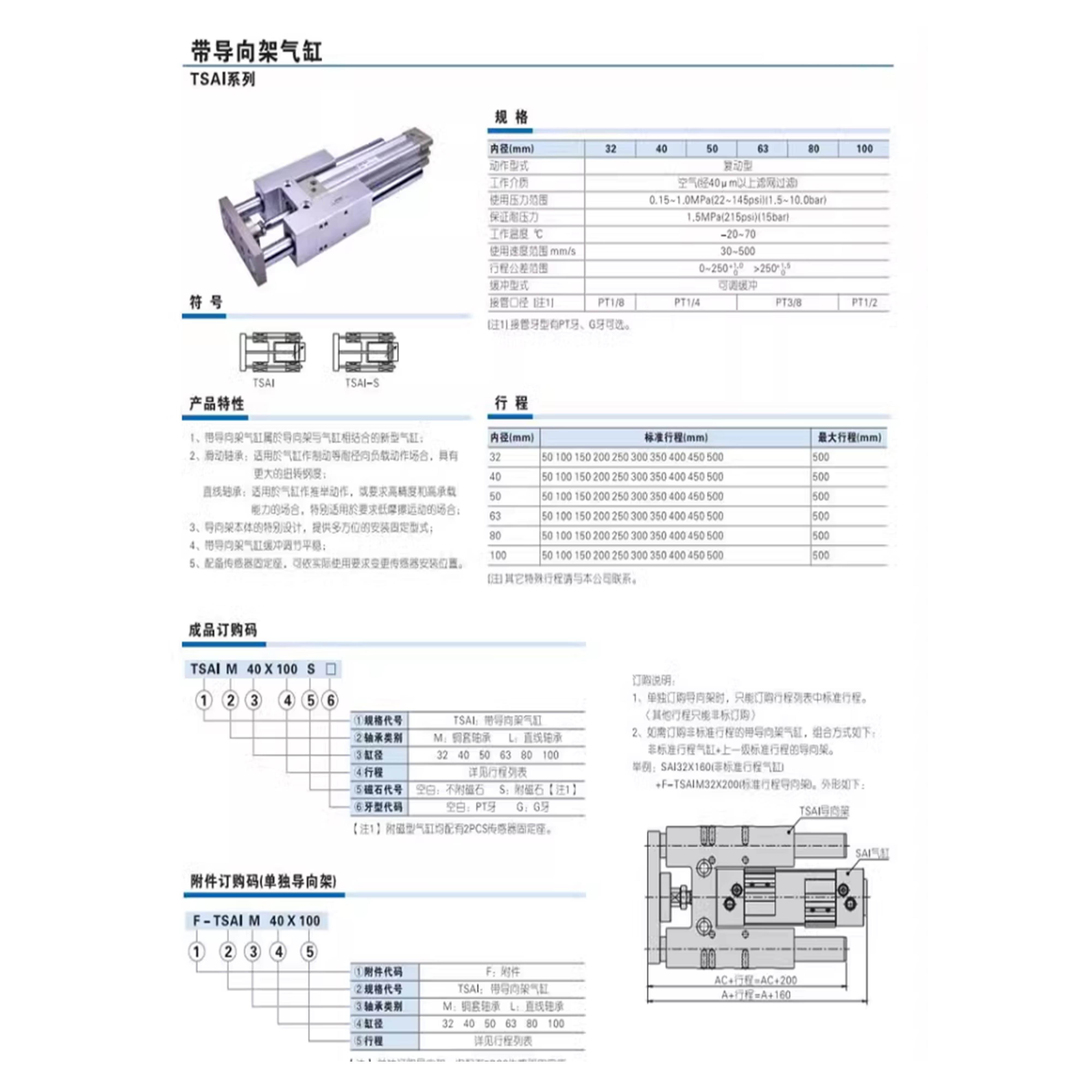 带导向支架气缸TSAIM/TSAIL32/40/50/63/80/100/25-50-75-100-125