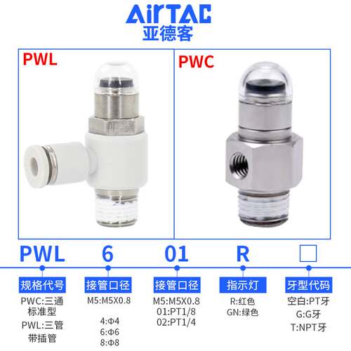 AirTAC原装亚德客气动指示灯PWCM5/PWL4/PWL6/PWL8-M5/01/02-R/GN