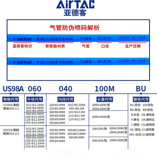 亚德客US98APU气动气管聚酯PU4X2.5/6X4/8X5/10X6.5/12X8/16X12