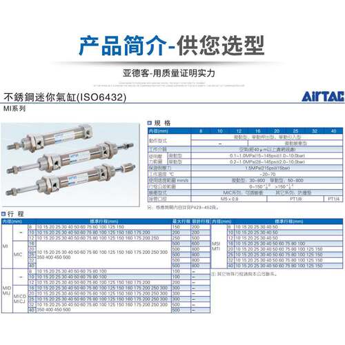 全新亚德客迷你型气缸MI16X25X50X75X100X125X150X175X200X225SCA