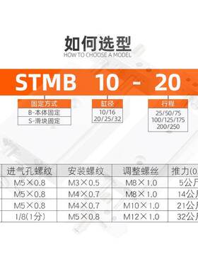 亚德客型双轴双杆可调滑台气缸STMB10/16/20/25X25X50X75X100x200