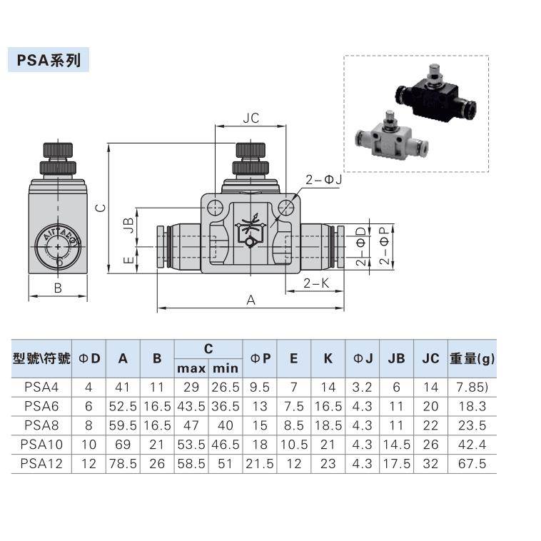 AirTAC原装亚德客 ASA管道直通型调速节流阀 PSA-4/6/8/10/12-D