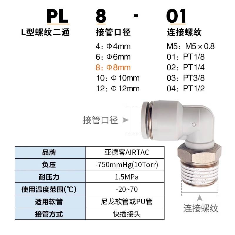 亚德客L型直角90°度螺纹弯型接头PL4 6 8 10 -01 02 03 04弯接头