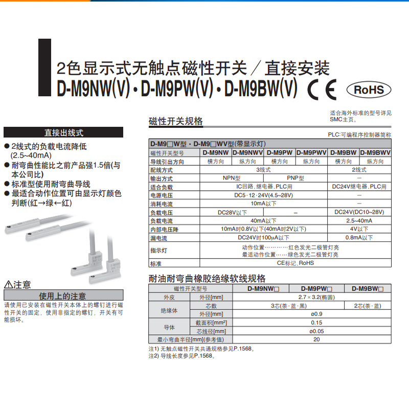 SMC原装防水双灯磁性开关D-M9BW/M9NW/M9PW/M9BA/M9NA/M9PA/F8BW