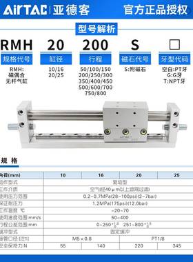 亚德客磁耦无杠气缸RMH16X50S RMH16X100S RMH16X150S RMH16X200S