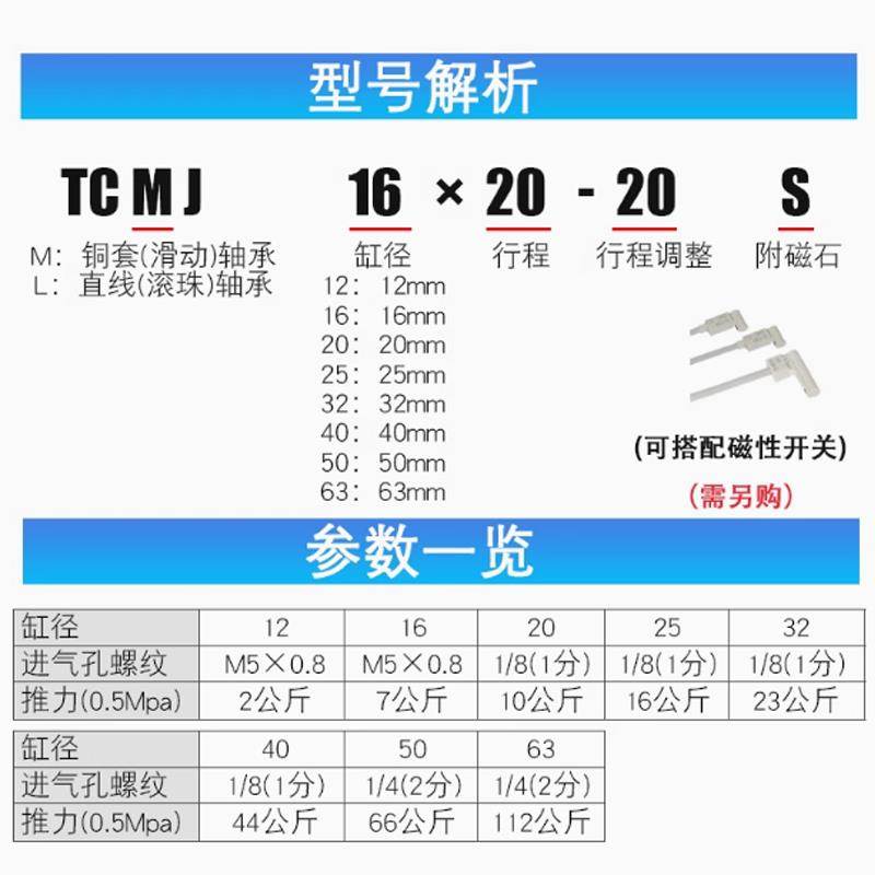 TCLJ/TCMJ12/16/20/25X10X20X40X50X75X100-20-30S可调三轴气缸