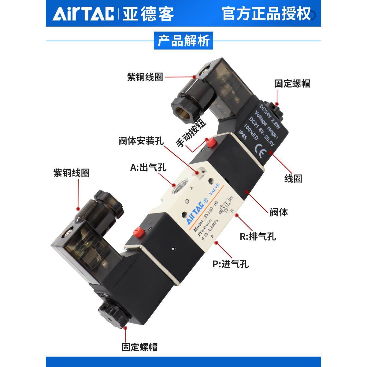 亚德客二位三通电磁阀双线圈3V120/3V220/3V320-08DC24V/AC220V