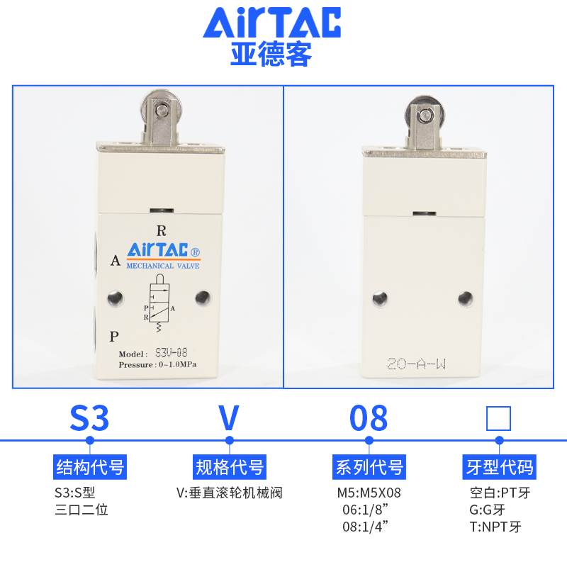 亚德客滚轮机械阀 S3V-05/M5/06/08 S3V06 S3V08 S3VM5二位三通