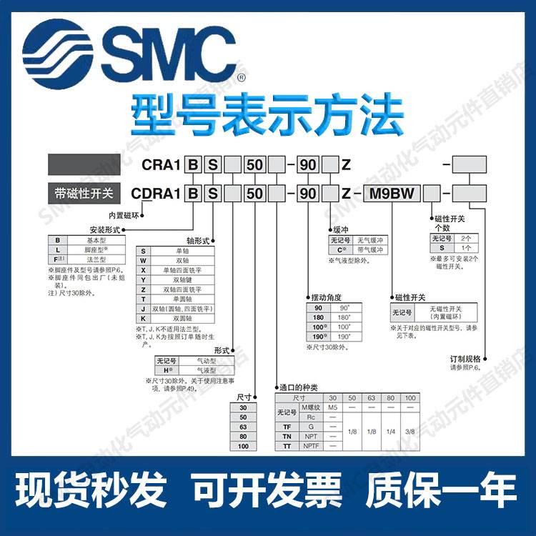 SMC旋转回旋摆动气缸CRA1BS/CDRA1BS32/50/63/80/100-90/180度