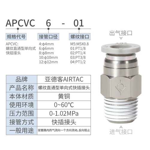 亚德客螺纹直通型单向阀直通防逆流接头APCVC4/6/8/10/12快插接头