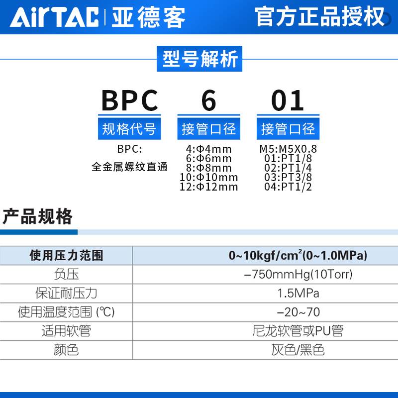亚德客耐高温金属气动螺纹直通接头BPC4 6 8 10 12 M5 01 02 03PC