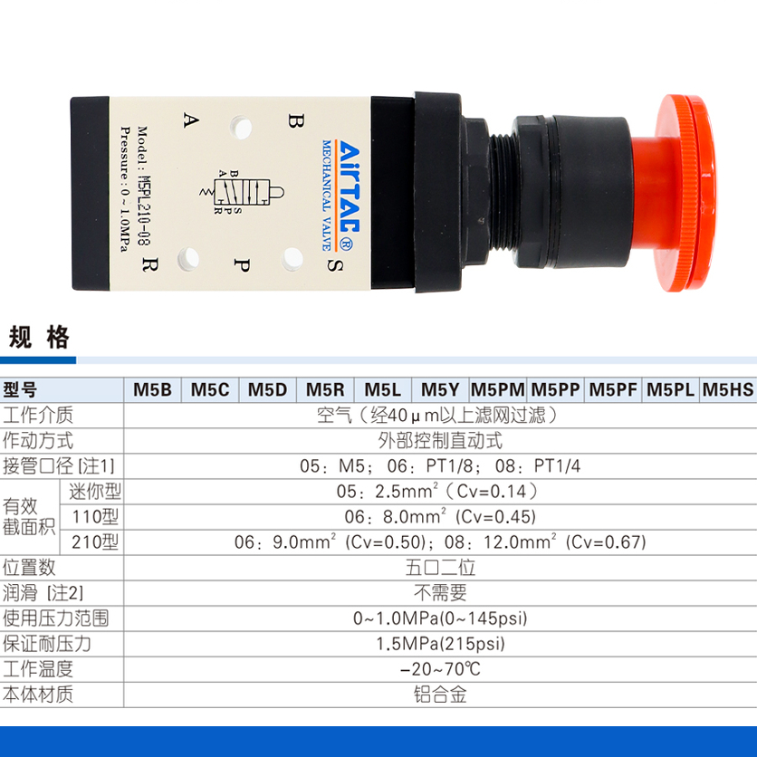airtac亚德客机械阀M5PL110-06/210-08停驻旋转按钮型手动控制阀