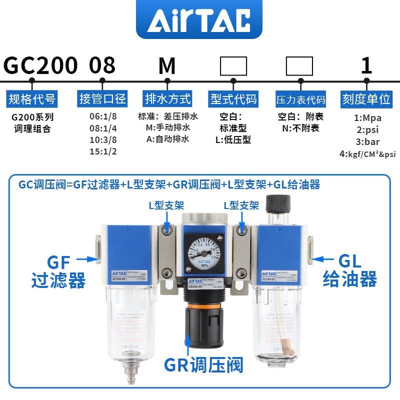 亚德客GF/GR/GL/GC200-08 300-10 400-15 600-25油水分离F1三联件