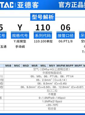 亚德客机械阀M5Y110-06/M5Y210-08/06摇臂型控制阀手动阀气动阀