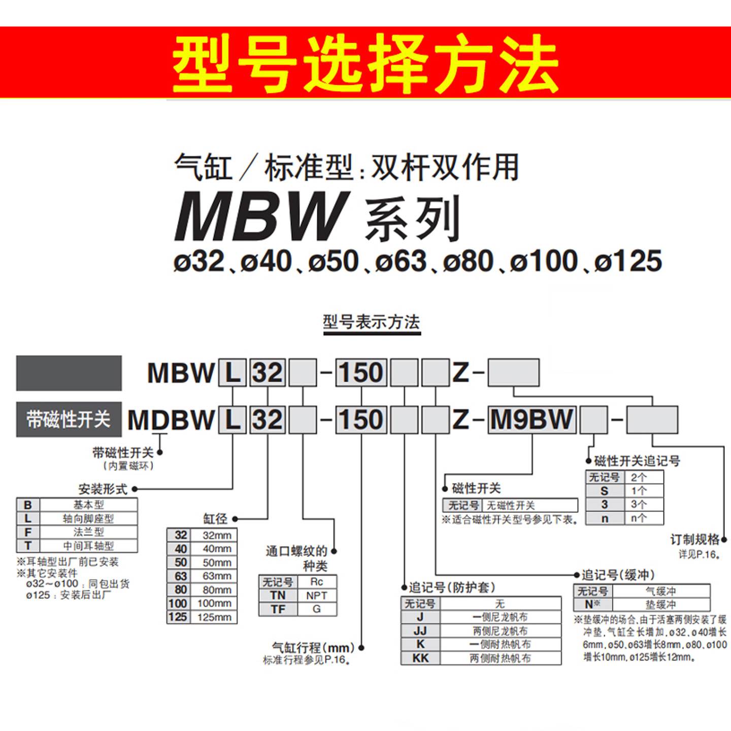 SMC标准气缸MBWB/MDBWB32/40/50/63-50-100-350-400-450-500-600Z