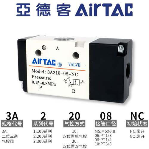 亚德客气动二位三通气控阀3A110-06NC 3A210-08NO 3A310-10/08