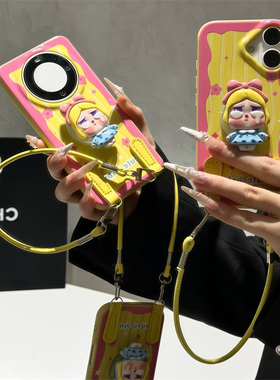 黄色波浪哭娃适用iPhone17promax苹果15Pro支架手机壳新款挂绳皮纹TPU荣耀400vivox200华为Pura70防摔小米15