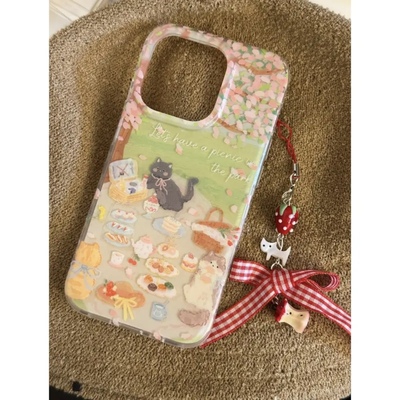 露营野餐猫咪适用苹果16promax手机壳iphone13新款吊坠15pro华为mate70奶油壳荣耀vivox200小米15OPPO防摔套