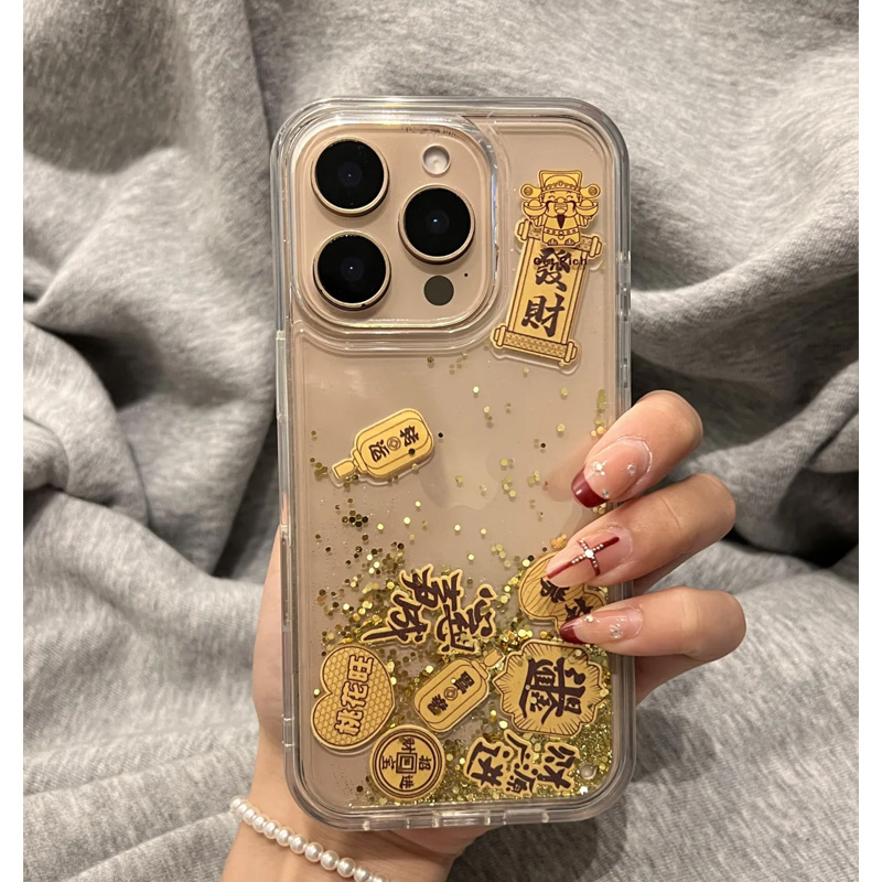 ins风透明发财符财神爷适用苹果16promax手机壳iphone14女款15pro新款13软边硬背pro防摔新年款透明金色男款