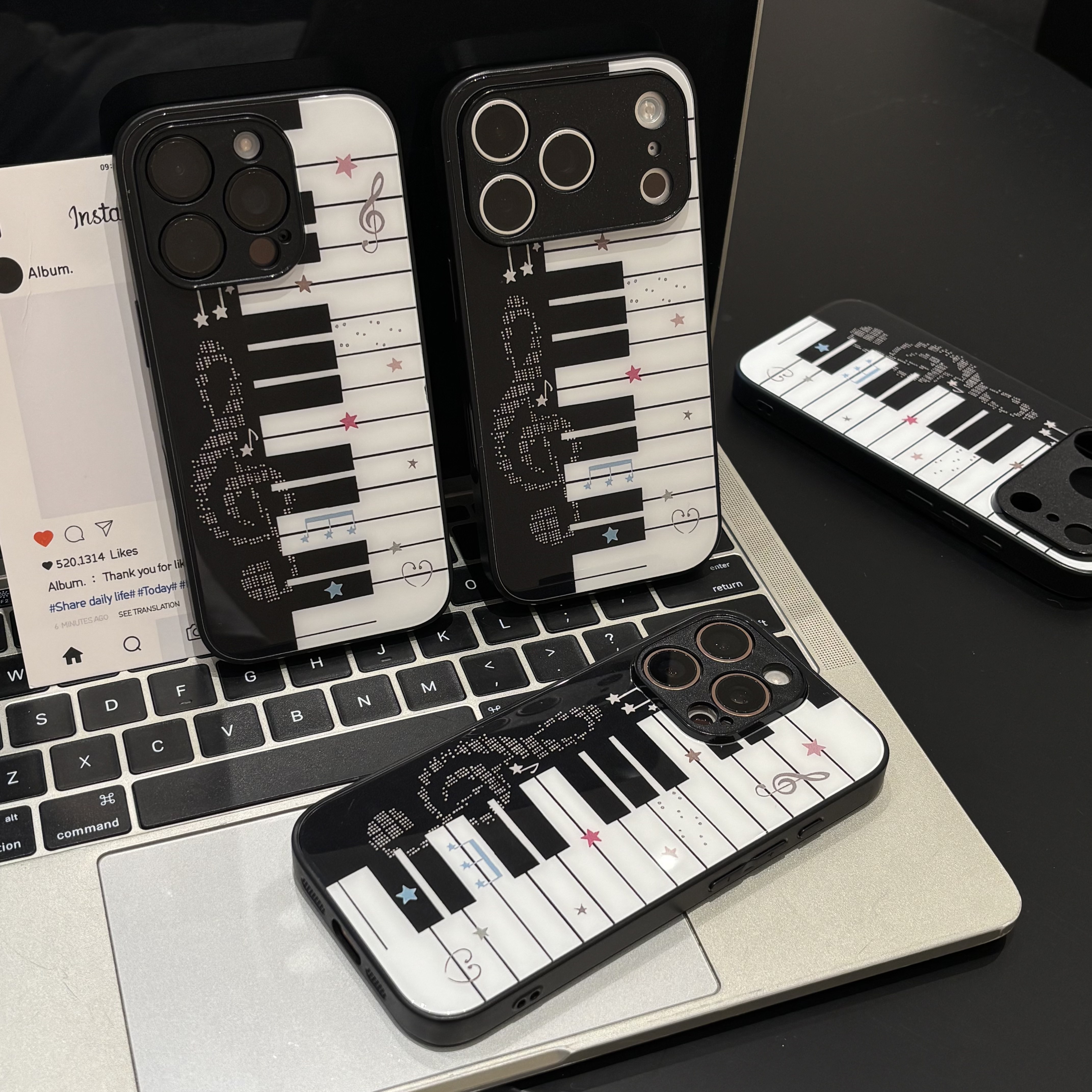 黑白钢琴键音符适用苹果17promax手机壳iphone16pro新款金属漆玻璃壳vivoS50华为mate80防摔小米17pro男女款