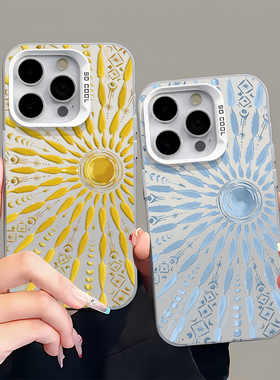 太阳图腾蓝色适用苹果15promax手机壳16pro华为mate60新款pura70元气壳OPPOReno12/vivos19x100女iQOO小米14