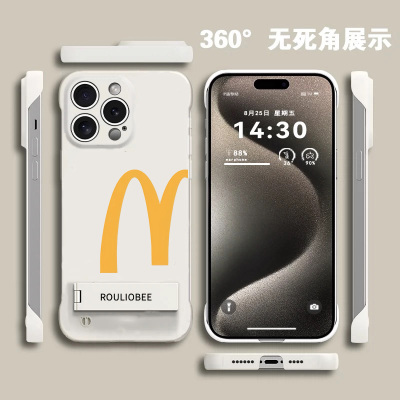 抖音同款无边框黑色半M适用苹果15手机壳iphone13/14promax套装16网红超火12pro散热11折叠支架14plus情侣款