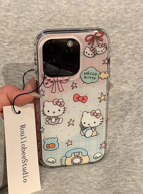 蓝粉色插画Kitty适用苹果16/15Pro手机壳华为Pura80pro新款大孔白色mate70/OPPOvivos30x200套小米15note13软