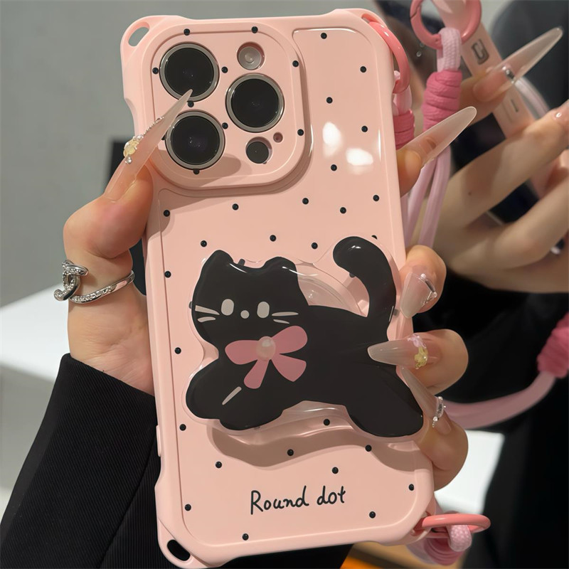 蝴蝶结小猫支架适用苹果16promax手机壳华为nova13新款mate60全包pura70可爱OPPOReno12斜跨挂绳x200女小米15