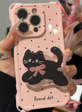 蝴蝶结小猫支架适用苹果16promax手机壳华为nova13新款mate60全包pura70可爱OPPOReno12斜跨挂绳x200女小米15