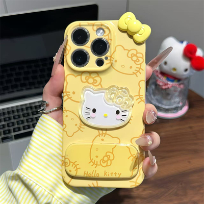 黄色kitty适用苹果17promax手机壳16pro华为mate60新款镜面支架pura70菲林壳OPPOReno12/vivos19x100小米14套