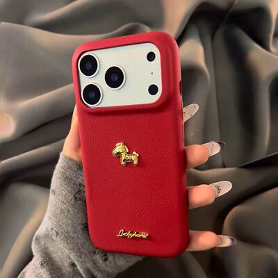 立体金马适用iphone17手机壳17promax苹果16pro马年2026新年款荔枝纹红色Air皮质高级15超火13情侣14保护套女