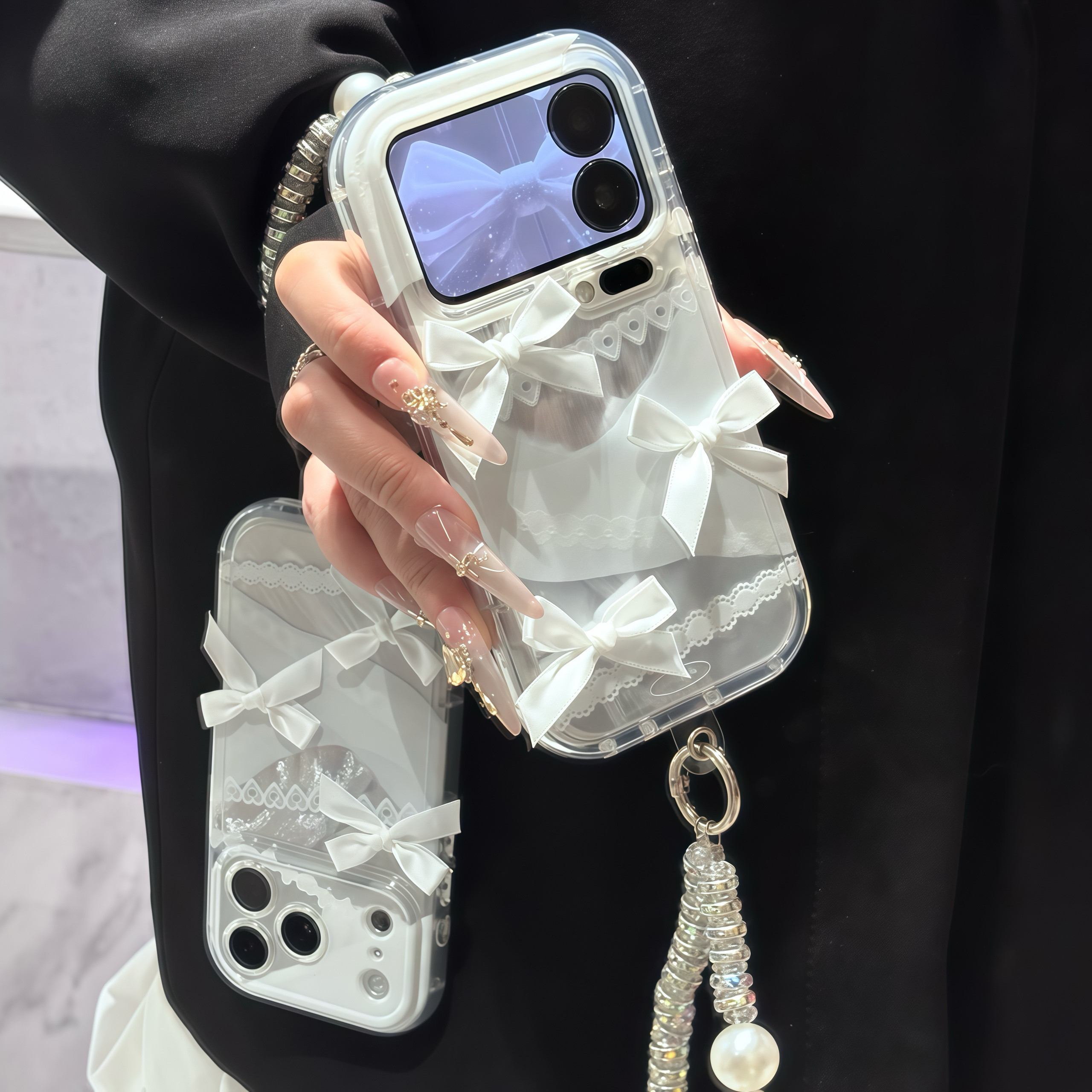 蕾丝蝴蝶结适用iPhone17promax珍珠手链手机壳16贴件华为Pura80新款泡芙羽纱荣耀300vivox300防摔小米17pro软