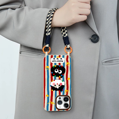 红蓝条纹猫咪适用苹果15promax手机壳四角挂绳iPhone16/13/14/11超薄X/XR/XSMAX防摔手提绳新款XS个性创意软